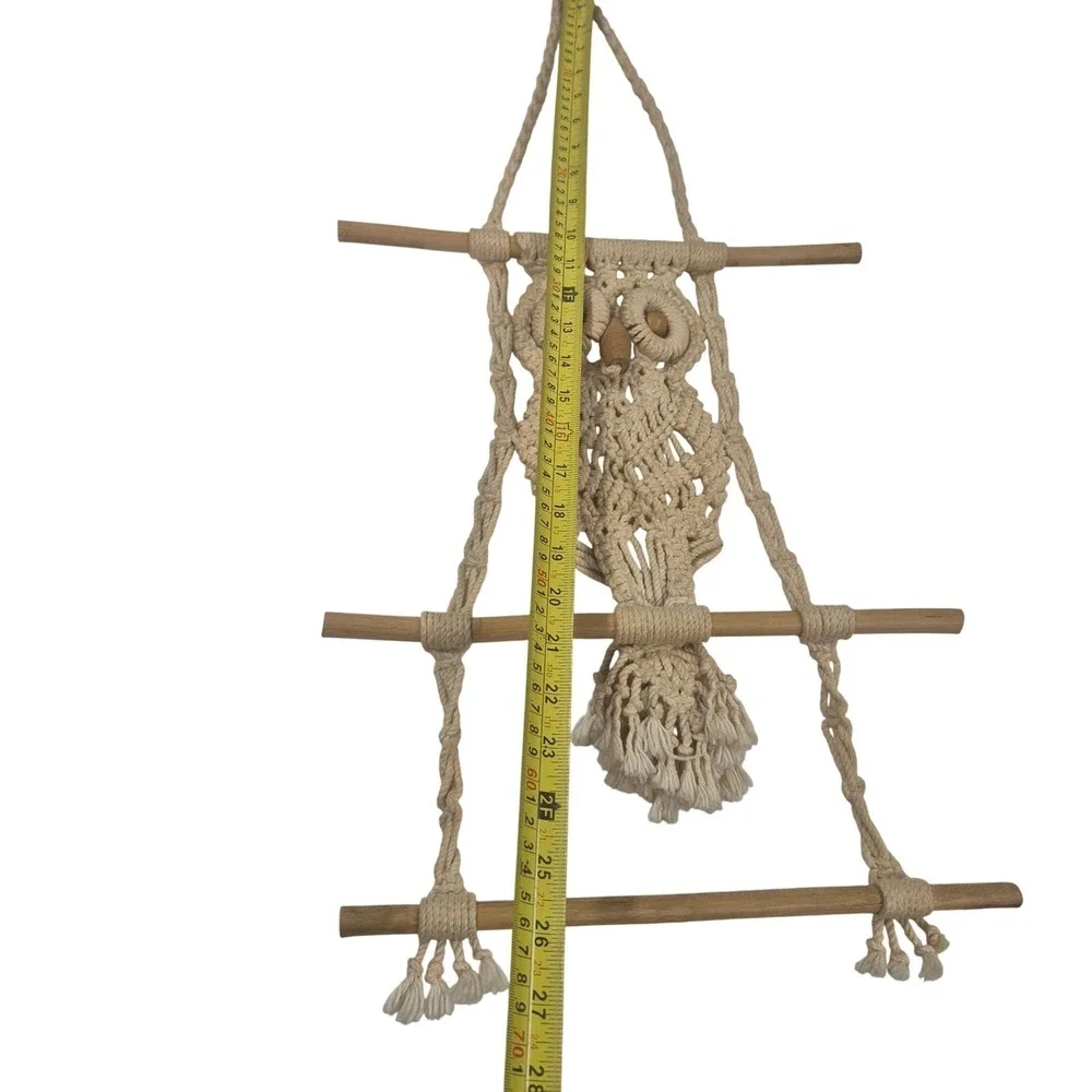 Boho Macrame Owl Wall Hanging Woven Wood Dowels Tassels Rustic Decor